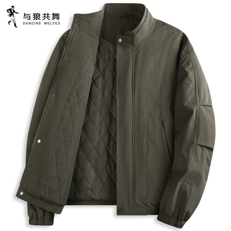 Dances with Wolves Windproof Stand Collar Jacket Men's 2026 Spring New Commuting Anti-Wrinkle High-Quality Casual Youth Loose Jacket 1078 Military Green 203 - Quilted Style L (175)