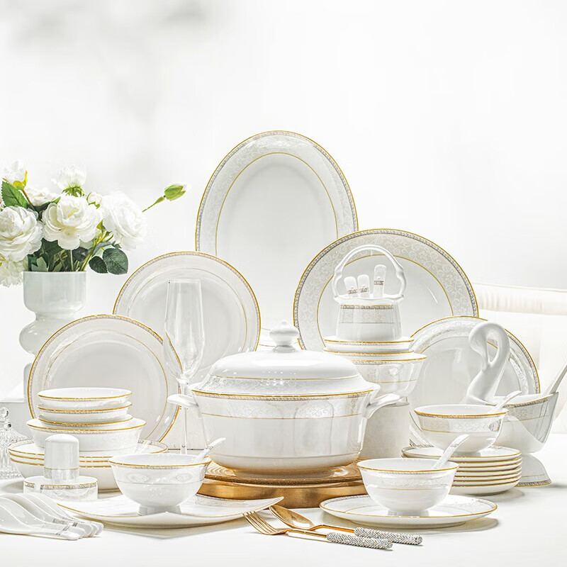 Yichen 2026 new bowl and dish set household bowls and chopsticks housewarming high temperature bone china tableware set Jingdezhen ceramic bowls and plates authentic Jingdezhen upgraded with rich pot 66-piece set