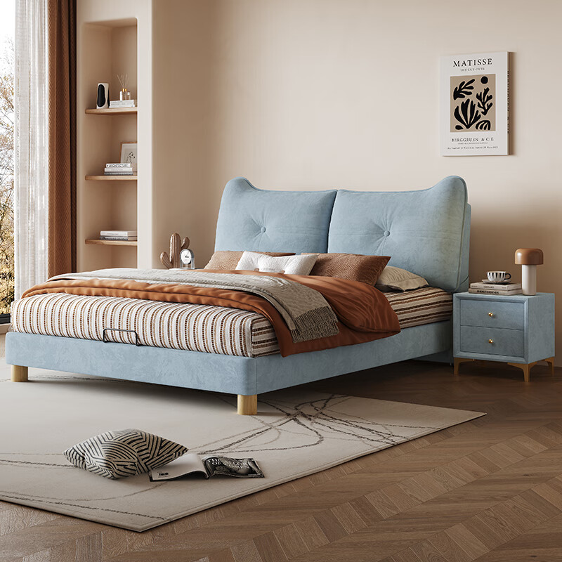 Cream style double bed French children's bed boys and girls soft upholstered bed light luxury modern teen bedroom single bed Cream children's bed丨Please note the color丨Delivery to home 1.35m*2.0m frame structure