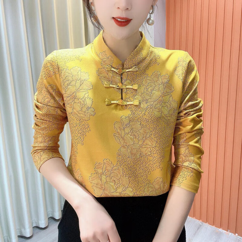 Hengyuanxiang plus velvet 2025 winter stand-up collar printed plate button national style top versatile long-sleeved age-reducing flesh-covering bottoming shirt for Mrs. Pink XL 90-110 catties