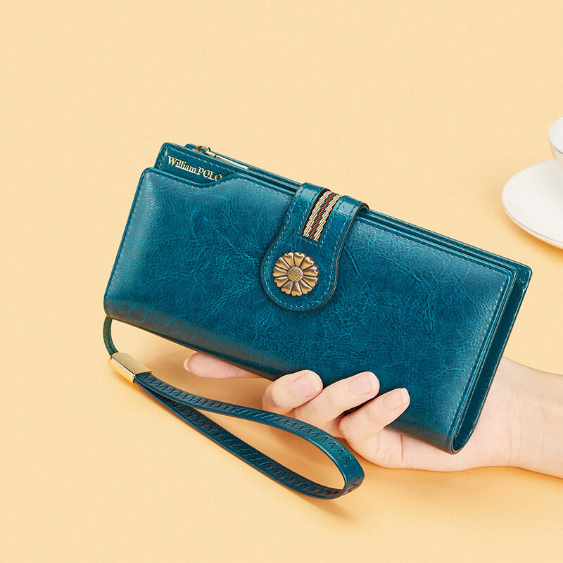 British Paul Genuine Leather Wallet Women's Handbag Women's Small Bag Clutch Long Wallet Card Bag New Year's Gift for Girlfriend and Mom Peacock Blue-Oiled Waxed Cowhide