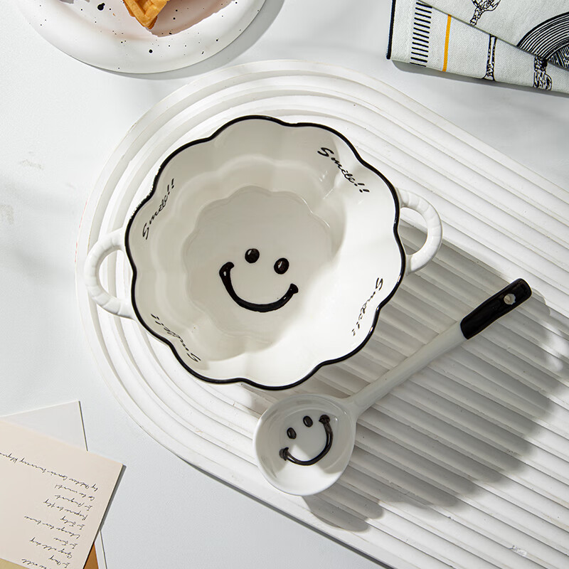 Persson double-ear ceramic bowl with spoon set soup bowl noodle bowl high-looking breakfast bowl smiling face 6-inch double-ear bowl + twisting spoon