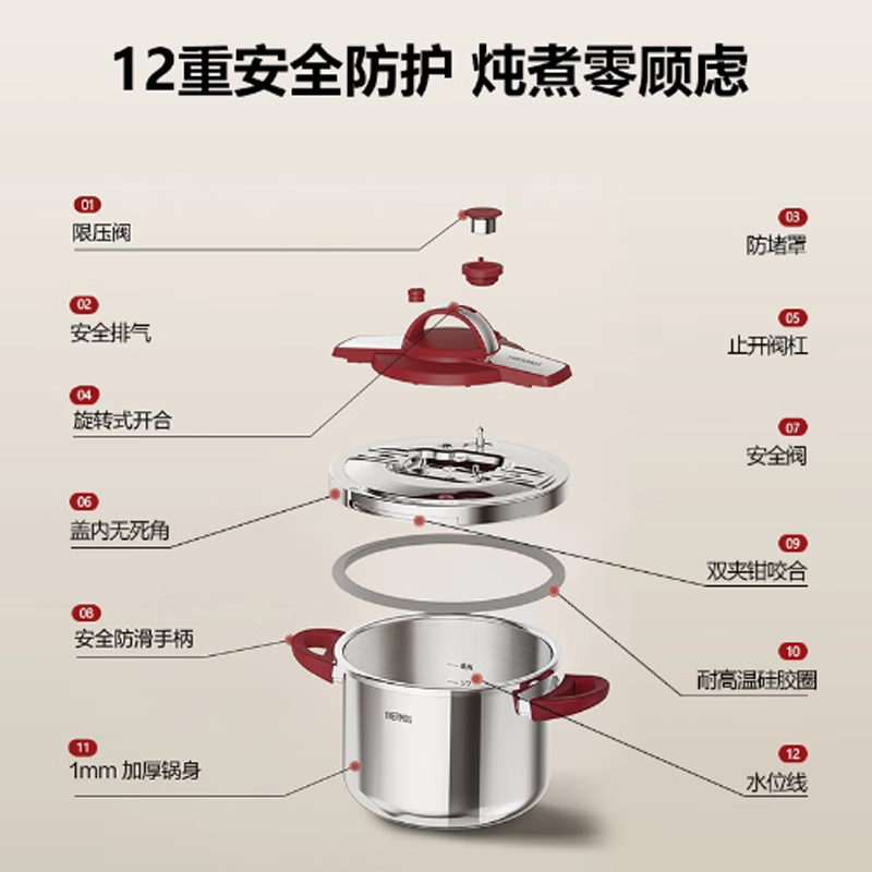 Thermos Pressure Cooker 100KPa One-hand Opening and Closing Stainless Steel Pressure Cooker Soup Pot Explosion-proof Stove General Annual Party Gift Gift Burgundy Red-Gold Capacity 22cm 6L