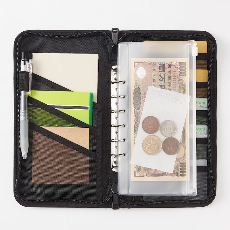 MUJI document bag, polyester fiber passport holder, transparent inner bag, New Year's Valentine's Day gift, black