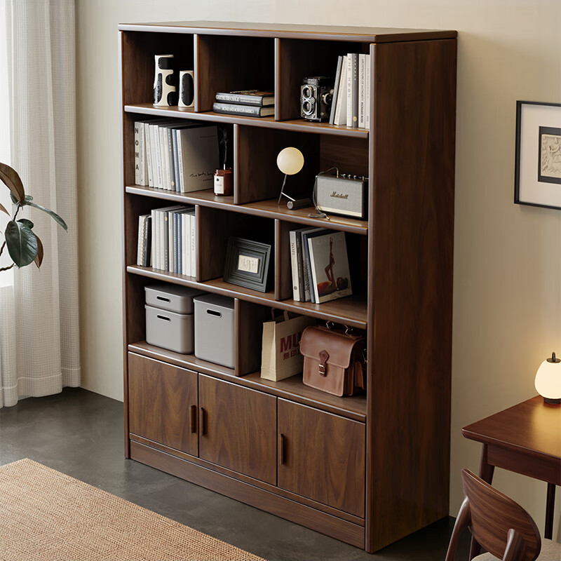 Fuhe solid wood bookshelf floor-standing storage rack bedroom storage shelf multi-layer storage bookcase large capacity storage rack solid wood board dark walnut color 120*30*180cm