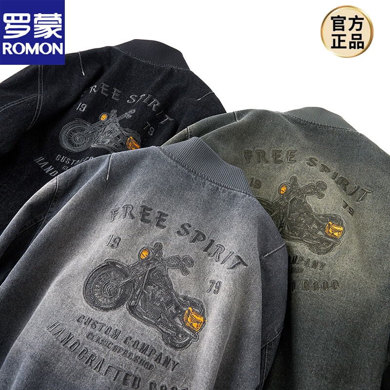 ROMON Denim Work Jacket Men's Spring and Autumn Youth Loose Large Size Casual Tops Trendy Pilot Baseball Collar Jacket Retro Green M