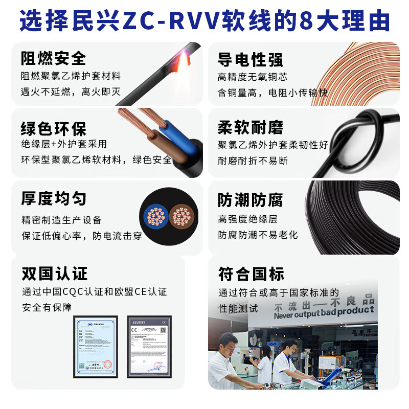 Minxing Cable 2.5 square copper core wire RVV three-core 3*2.5 national standard copper wire sheathed wire soft wire ZC-RVV-3*2.5-100 meters