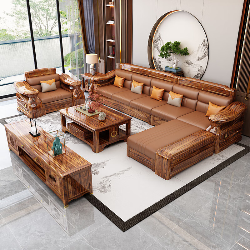 Yunmei Jiayuan black gold solid wood sofa living room 2025 new Chinese-style apartment size winter and summer dual-use chaise corner storage four-seater + chaise + middle cabinet + single seat + long coffee table + square table + TV cabinet
