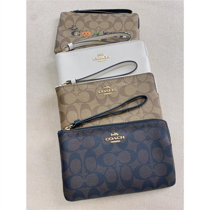 COACH Clutch Large Wrist Coin Handbag Mahjong Bag Wallet Female Card Bag Chain Carriage Birthday Gift for Girlfriend Pink and White Logo Stripes CBP09 Ready in Stock