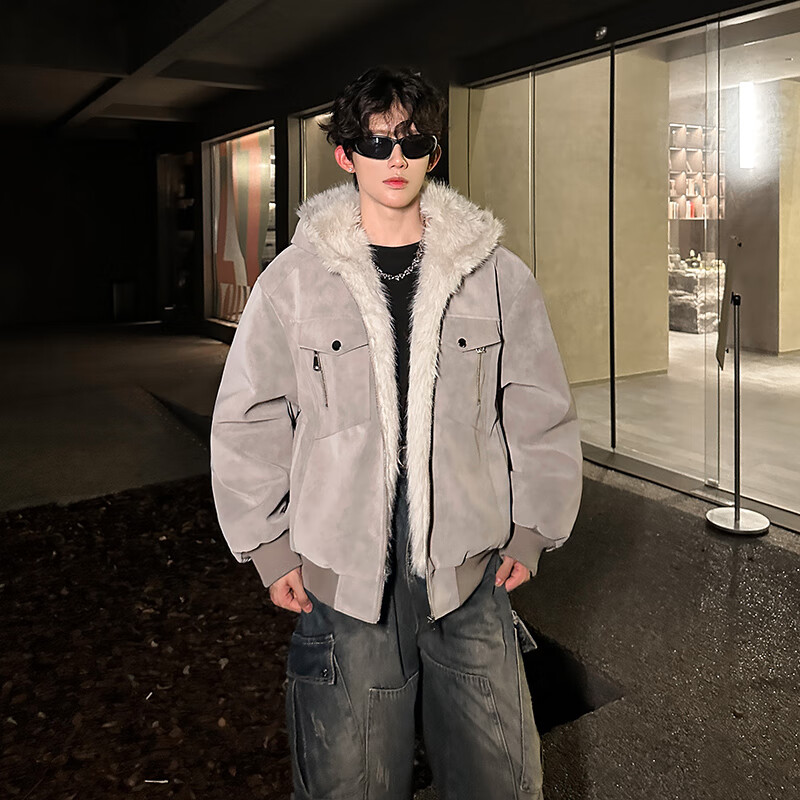 NYING mountain carved pu leather jacket men's winter new American trendy brand plus velvet thickened warm casual jacket loose top gray L (105-120 pounds)