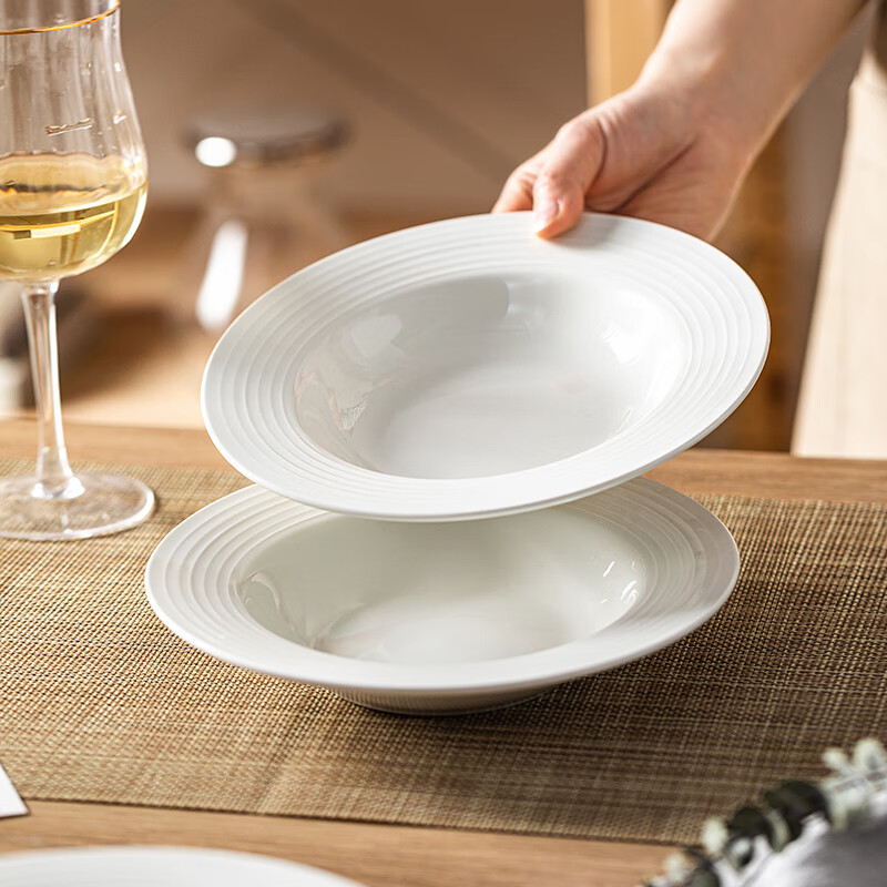 Modern Housewife Creative Straw Hat Plate Ins Style Ceramic Household Salad Pasta Western Plate High-Looking Internet Celebrity Plate White Threaded Straw Hat Plate 2 8.5 inches