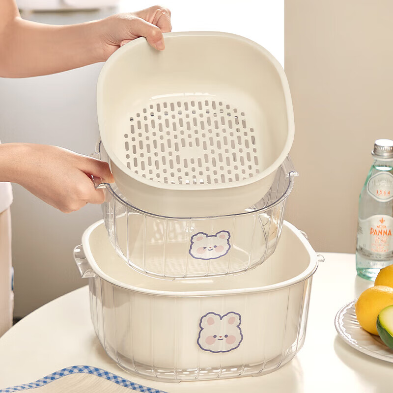 YOUQIN sink double-layer drain basket kitchen supplies living room tea house fruit plate basket basin vegetable basket large cream double-layer drain basket