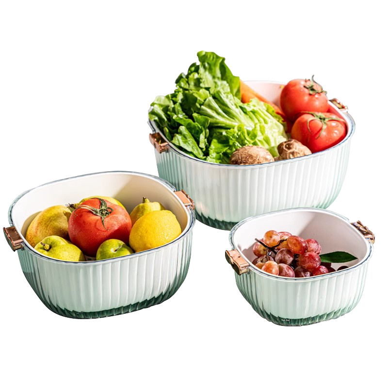 Ax washable vegetable basin drain basket fruit plate living room household water filter vegetable basket coffee table rice cleaning artifact double-layer basin sieve vegetable basin medium thickened double layer milk white
