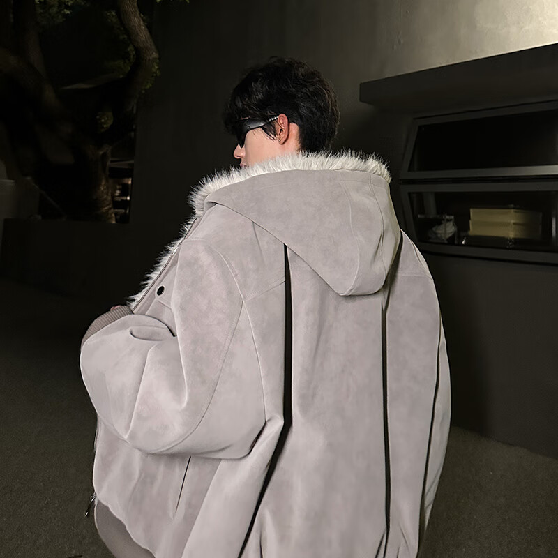 NYING mountain carved pu leather jacket men's winter new American trendy brand plus velvet thickened warm casual jacket loose top gray L (105-120 pounds)