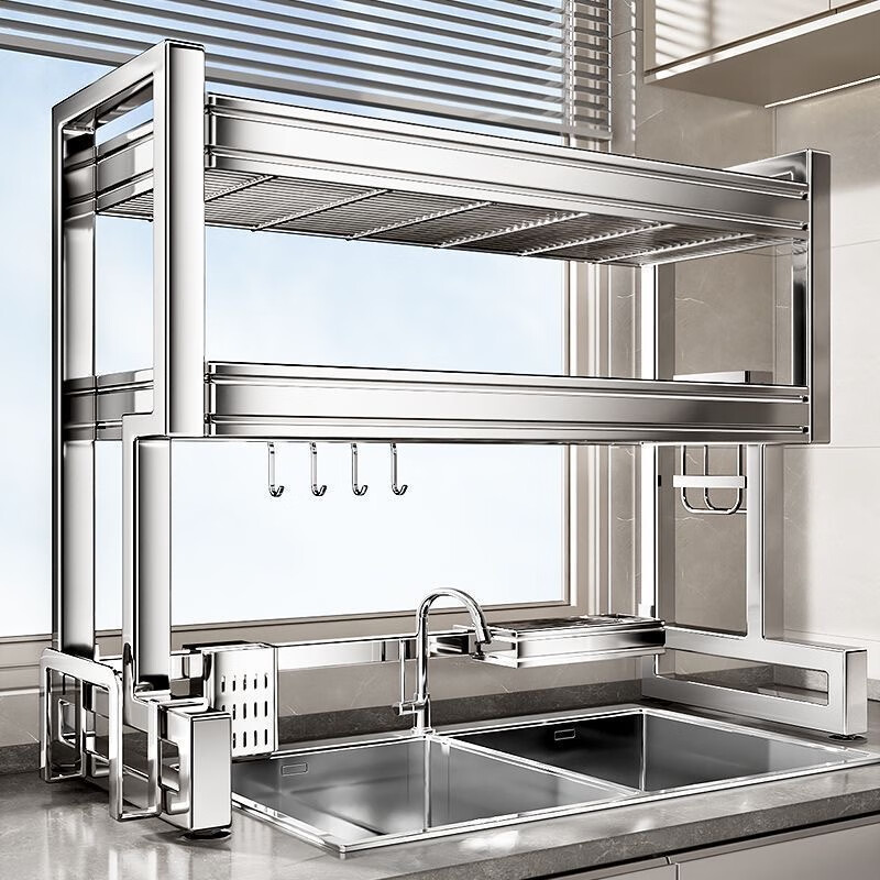 Benwang (BW) stainless steel thickened kitchen sink storage rack drain rack sink side drain basket countertop sink dish storage rack double layer thickened 304 stainless steel 66cm free five-piece set