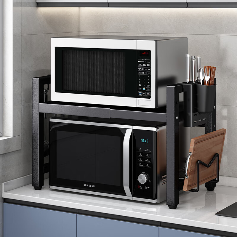 Nifeng retractable microwave kitchen rack oven storage multi-functional telescopic rack rice cooker storage rack single layer retractable + 6 hooks