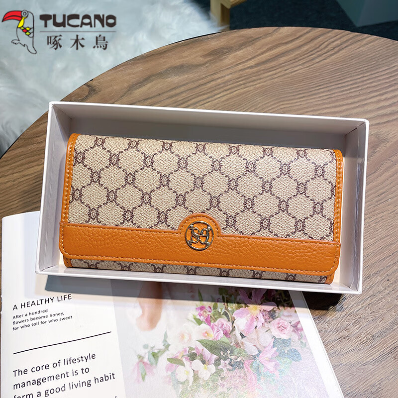 Woodpecker (TUCANO) pure cowhide long wallet for women, fashionable and versatile, genuine leather hand wallet, large capacity for mobile phone, thin wallet, apricot color
