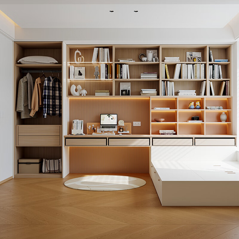 Oubli tatami customized modern simple wardrobe and bookcase combination integrated multi-layer board tatami bed customized for the whole house 899 per square meter customized gold