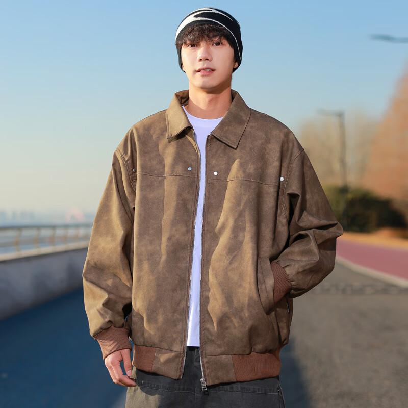 POUM American retro leather jacket men's autumn and winter casual trendy brand handsome motorcycle jacket FKS739 brown XL