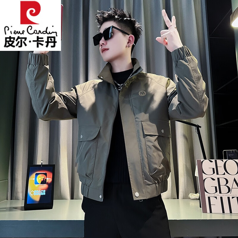 Pierre Cardin Work Jacket Men's High-end Handsome Short Jacket Men's 2025 New Men's Casual Spring and Autumn Top Black Cotton Warm L Recommended 115-130 catties