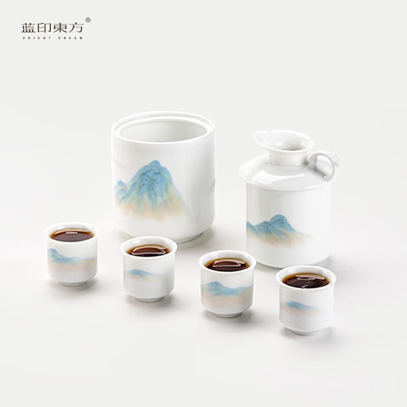 Blue printed Oriental Jingdezhen ceramic wine set white wine dispenser wine warmer wine glass combination Chinese style home party gift box Longyin Qianli Jiangshan wine set