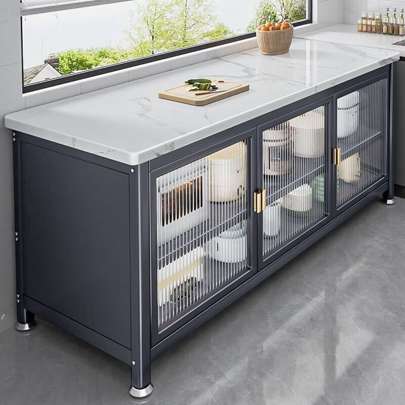 Kitchen slate shelf multi-functional floor-to-ceiling storage microwave meal side storage cabinet vegetable cutting cupboard with door length 60 width 45 height 80 luxury gray new style flip-up door