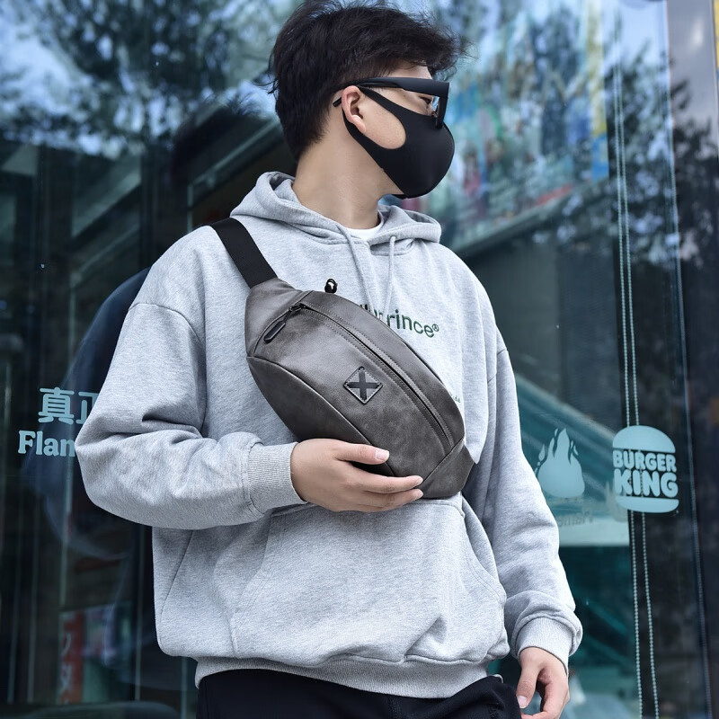 Kangaroo Men's Casual Versatile Lightweight New Retro Simple Temperament Fashionable Large Capacity Crossbody Shoulder PU Waist Bag Gray