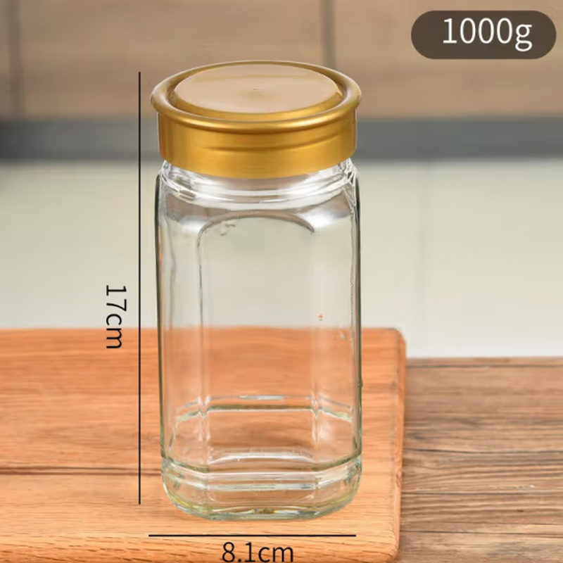 Liuyang large and small octagonal honey bottles, glass bottles, pickle jam bottles, sealed jars, honey bottles, 2 catties, 5 bronze lids, 720ml