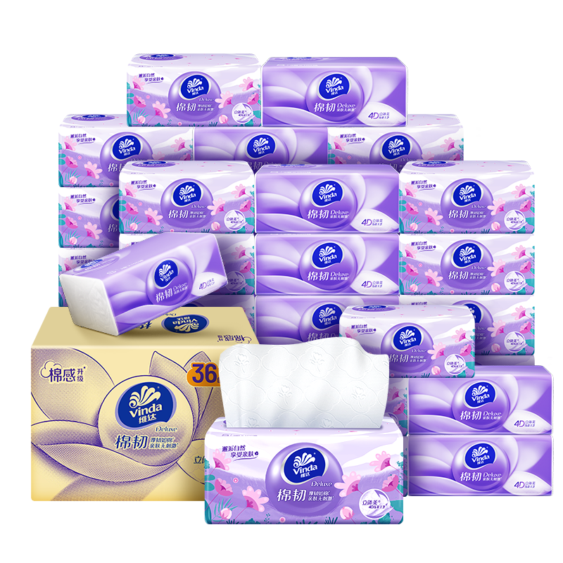 Vinda tissue paper recommended by Sun Yingsha, cotton tough 3-layer 100 tissue paper * 36 pack S size, skin-friendly, non-irritating tissue, AB mixed hair