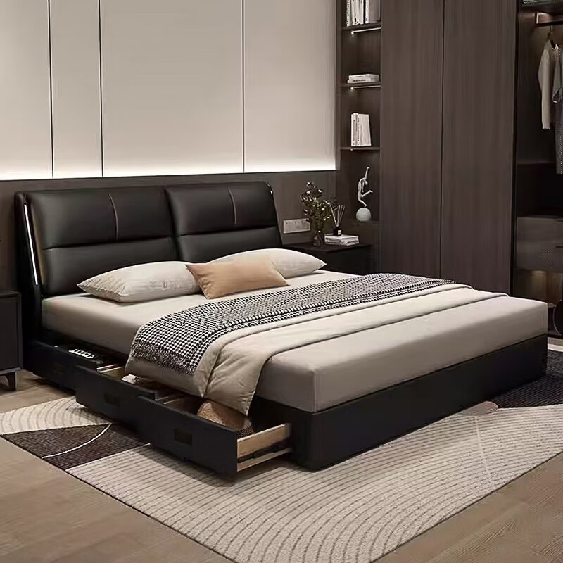 Italian light luxury leather bed double bed master bedroom large bed modern simple internet celebrity bed high-end atmospheric soft-covered wedding bed leather bed door-to-door delivery 1800mm*2000mm frame structure
