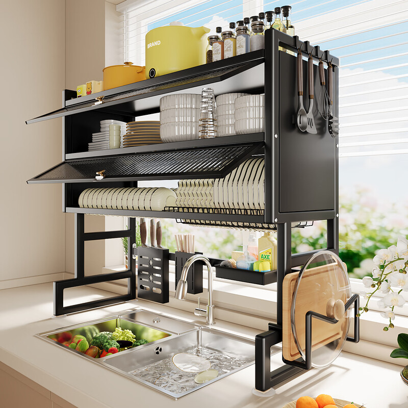 Jumeishi kitchen sink rack dish drainer with door dust-proof rack above cabinet countertop cupboard multi-functional storage rack Yaohei-double layer length 65cm+6 hooks+luxury set