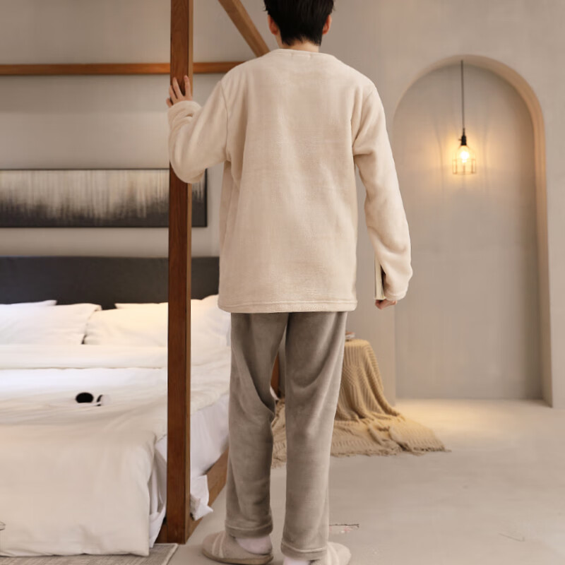 Anjiren Men's Pajamas Men's Autumn and Winter Plus Velvet Flannel Pullover Can Be Weared Outside Home Clothes Set Embroidered Rice 2XL