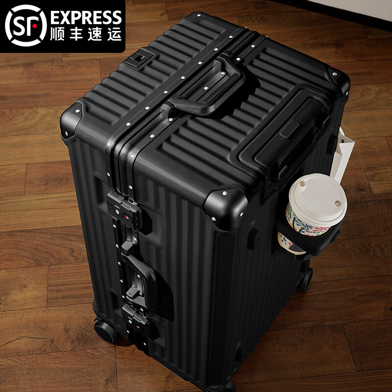 Ouyuan super large capacity suitcase, multi-functional, durable, seatable alloy trolley case for overseas checked PC suitcase, shell white, thickened aluminum frame case, wet and dry separation, 30 inches USB + cup holder + side hook + bracket