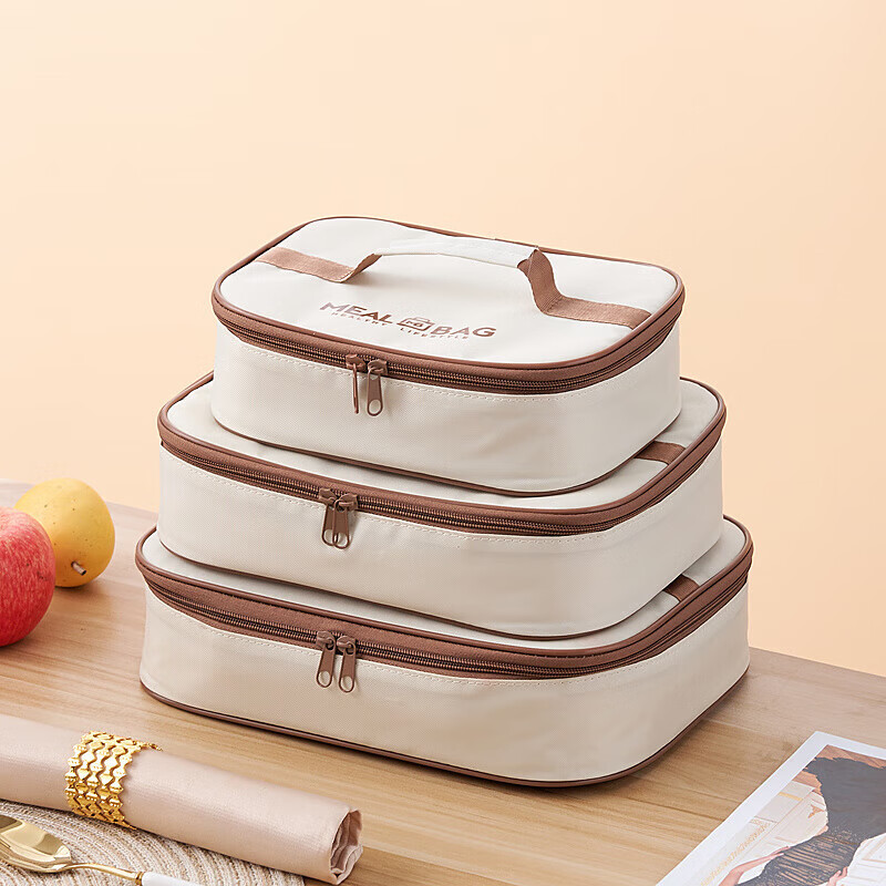 DONGRAN insulation bag thickened aluminum foil rectangular round large-capacity lunch box bag student office worker portable lunch bag with rice off-white oval heightening