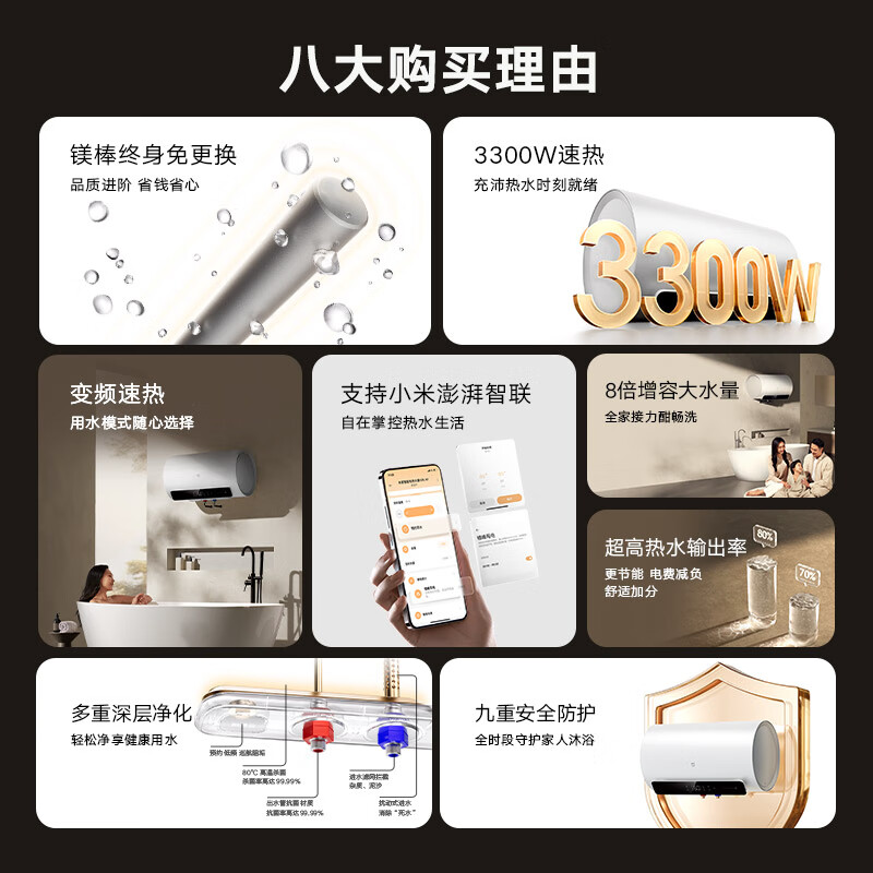 Mijia Xiaomi smart large-capacity electric water heater 60 liters N1 3300W variable frequency speed thermal capacity increase home replacement-free magnesium rod water storage type first-level energy efficiency trade-in MJ03