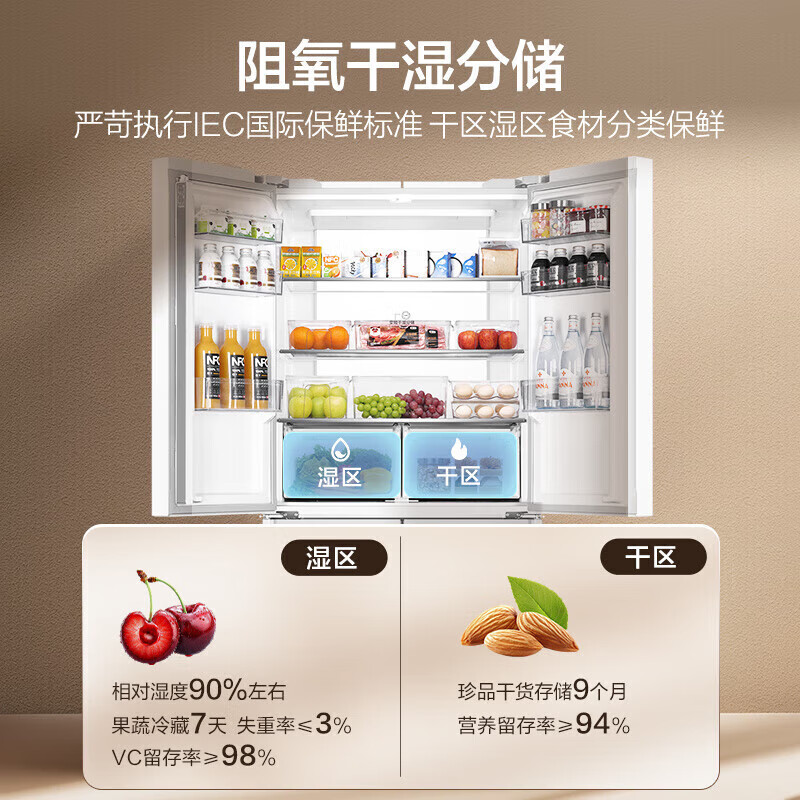 Haier refrigerator 659 liters double frequency conversion cross-to-double four-door household first-class energy efficiency air-cooled frost-free super large capacity subsidy 20% large refrigerator above 600 liters 659 liters ice and snow white EPP ultra-clean system + oxygen barrier dry and wet storage