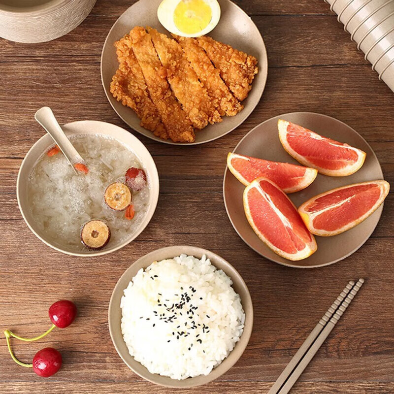 Shenfu rice husk disposable tableware set, biodegradable four-piece set of bowls, chopsticks, cups and spoons, household thickened lunch box, rice husk five-piece set, 100 sets (bowls, cups, saucers, spoons and chopsticks) individually packed