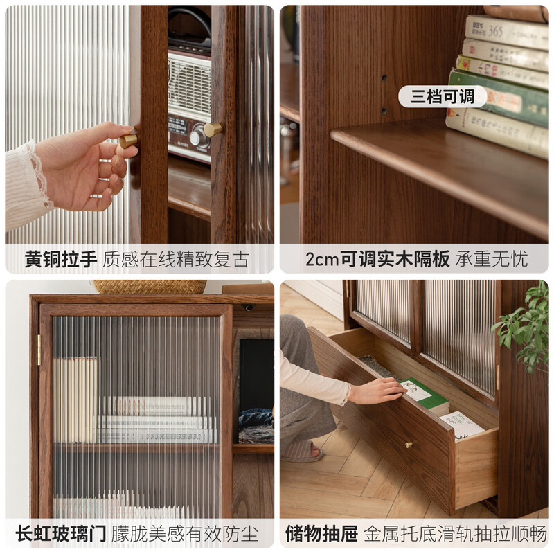 Genji Muyu solid wood dust-proof glass door bookcase background wall floor-to-ceiling whole wall bookshelf simple display cabinet 0.9 meters double door gray glass