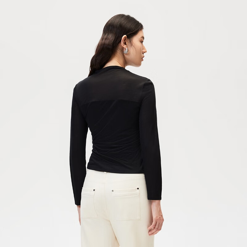 VEROMODA T-shirt for women 2024 autumn and winter new style semi-transparent semi-high collar spliced bottoming shirt versatile and fashionable 324302048