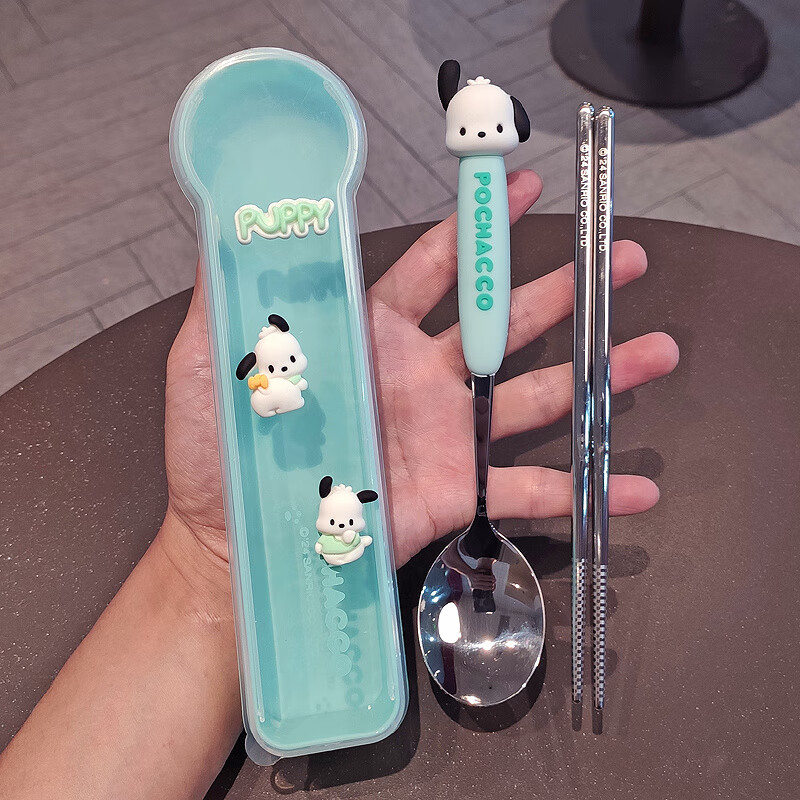 Shiganu Sanrio 304 stainless steel portable tableware single child cartoon chopsticks spoon office worker three-piece set genuine kitty (free three-dimensional stickers)