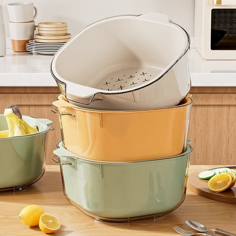 Xingyou vegetable sink double-layer drain basket 2024 new special everyone's kitchen washing basket living room fruit plate ivory white-large double layer