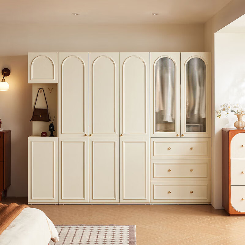 Lin's Home French Retro Large Wardrobe Home Bedroom Finished Storage Cabinet to Top Cloakroom Lin's Wood Industry VE1D 2.0m high | Regular style four-door wardrobe + side cabinet