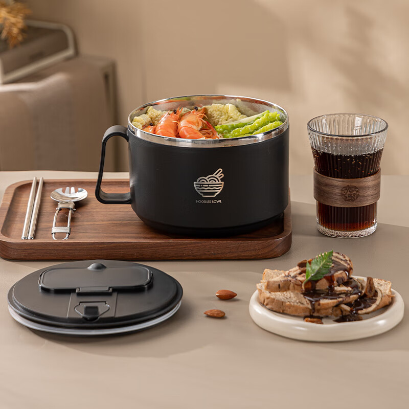 Guangyi 304 stainless steel instant noodle bowl, lunch box for students and office workers, large capacity, black with spoon and chopsticks GY7348