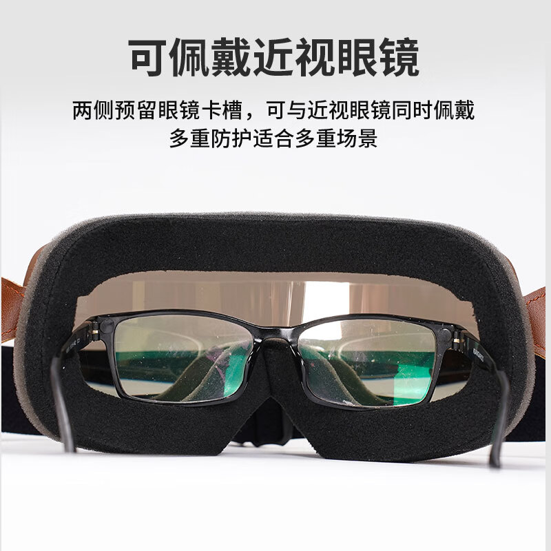 C-RIDING Retro Motorcycle Goggles Cruise Motorcycle Anti-Sand Cycling Helmet Goggles Can Wear Myopic Glasses Pedal Commuting Black Frame Silver-plated Lenses