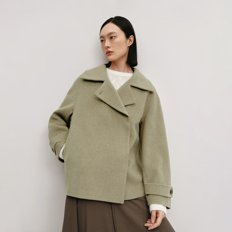 OVV Autumn and Winter Hot Sale Women's Simple Fashionable Lapel Short Warm Wool Double-sided Wool Coat Matcha Green L