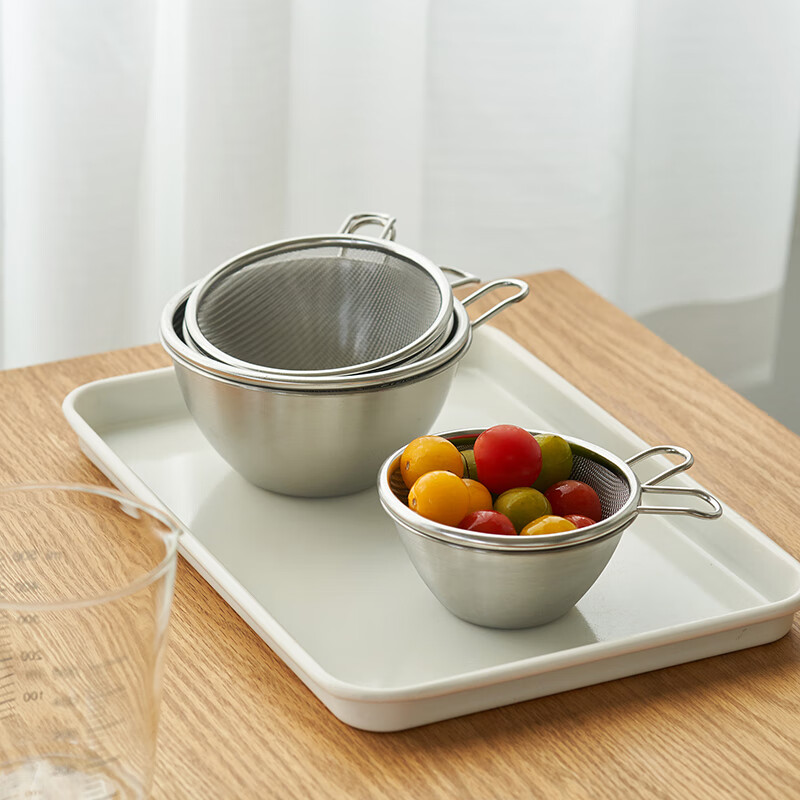 Siyue Mini 304 stainless steel drain basket with handle, fruit and vegetable basin, leaky bowl, mesh basket, rice cleaning artifact, 2-piece set, size S (basin + encrypted mesh basket)