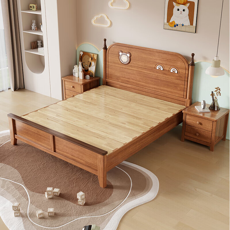Fruit wood style children's bed solid wood for boys and girls 1.35m single bed 1.2m solid wood bed 1.5m imported golden sandalwood single bed + 10cm natural antibacterial coconut palm mat 120*200cm standard silent bed board