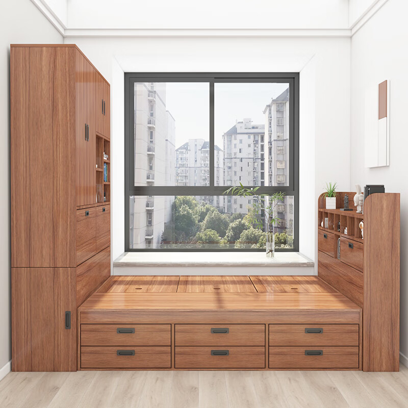 Pingziji small apartment tatami bed combination set high box storage drawer bed bedroom furniture ENF grade paint-free board customization embossed walnut color 1.5m tatami + standing cabinet + bedside