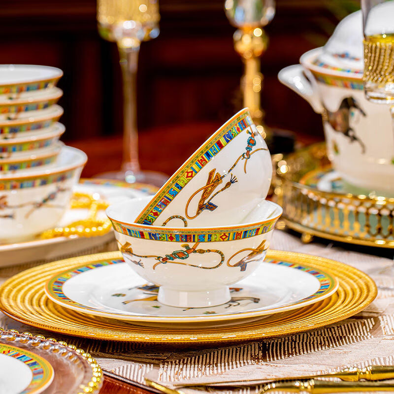 Da Mo Huang Jingdezhen tableware and dishes set household European light luxury ceramic dishes and chopsticks gift box Hermès - 56-piece set