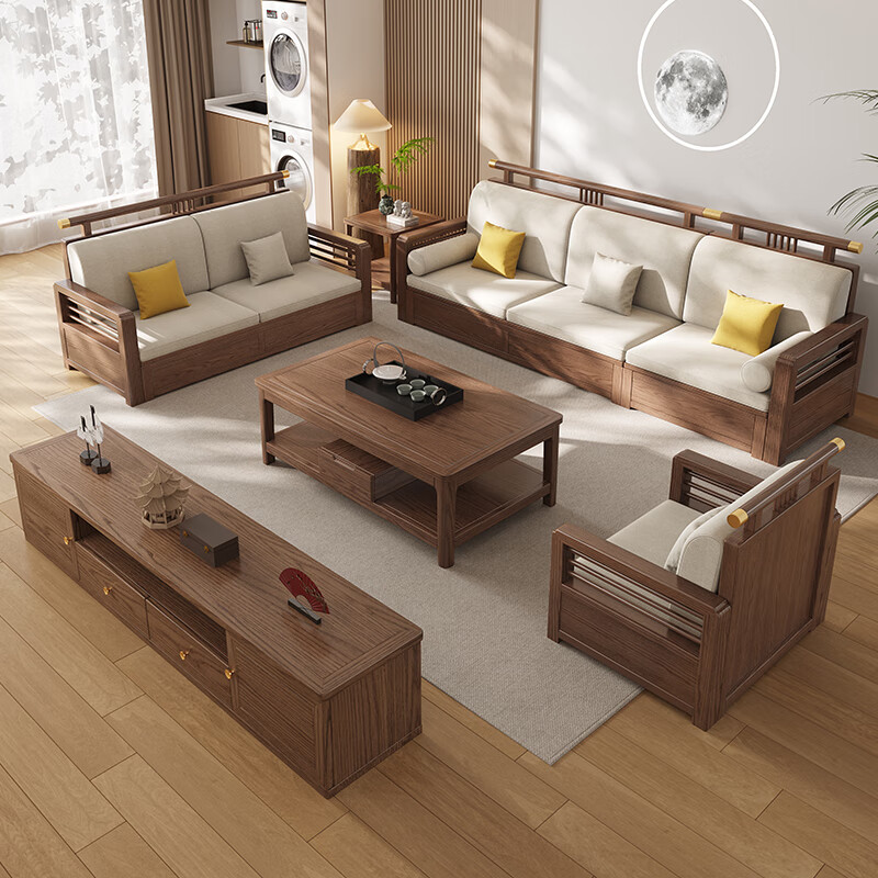 Dynasty Yijing Ash New Chinese Style Solid Wood Sofa Living Room 2026 New Modern Simple Storage Fabric Sofa Small Apartment 8 Sets Four Seats + Imperial Concubine + Long Coffee Table